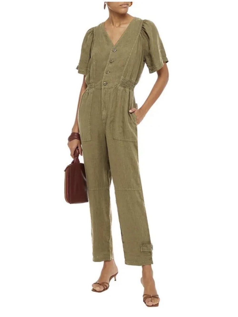 Joie Viney Linen Jumpsuit M Olive Green Puff Sleeve Utility Button Front Boho